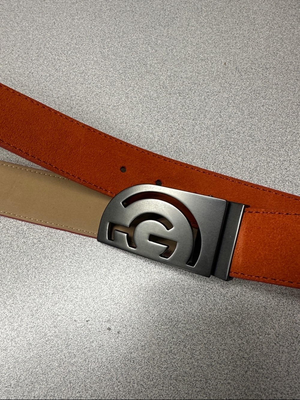NWOT Galvin Green Men's Orange Suede Belt with dark silver Buckle 46”